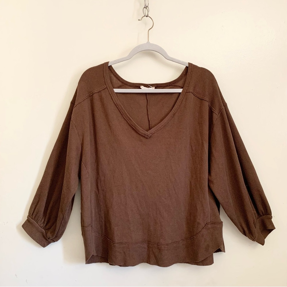 Altar'd State Anthropologie Brown Waffle Knit V-neck Long Sleeves Sweater Medium